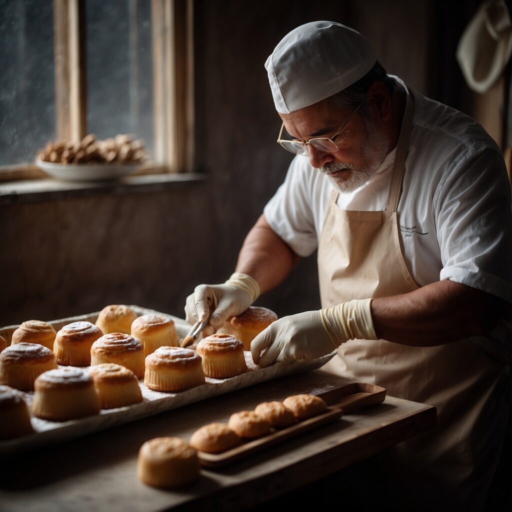A baker applying glaze to a pastry with a natural bristle brush, while various pastry brushes (silicone, nylon, flat, and angled) are neatly organized on one side, set in a cinematic kitchen scene.