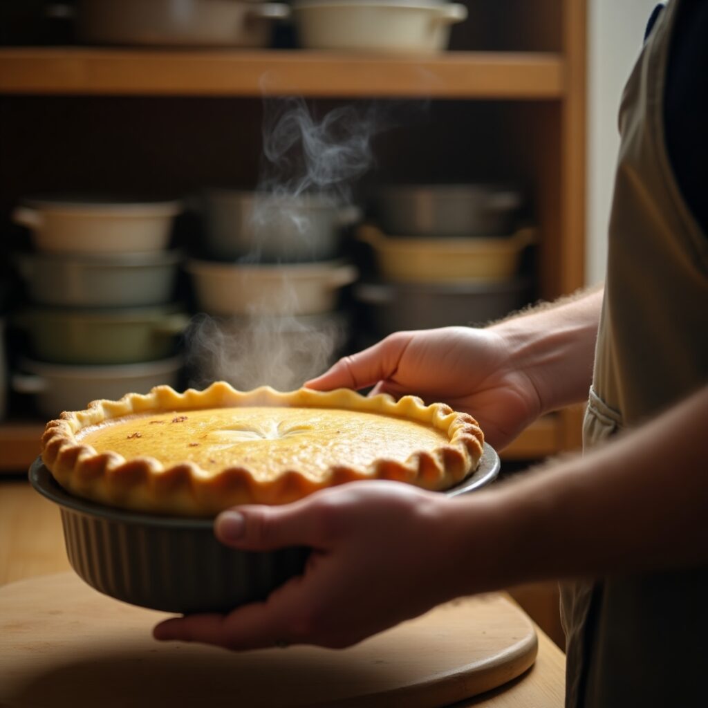 A baker lifting a golden, flaky pie from a premium pie pan, with various pie pans stacked in the background.