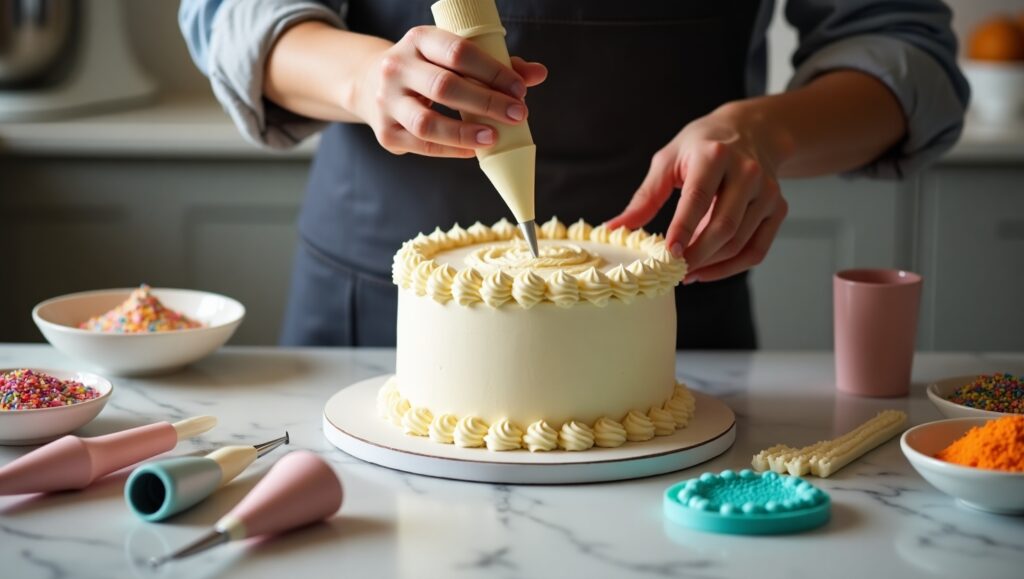 A baker piping elegant designs onto a cake, with a premium decorating kit and tools displayed on a marble countertop.