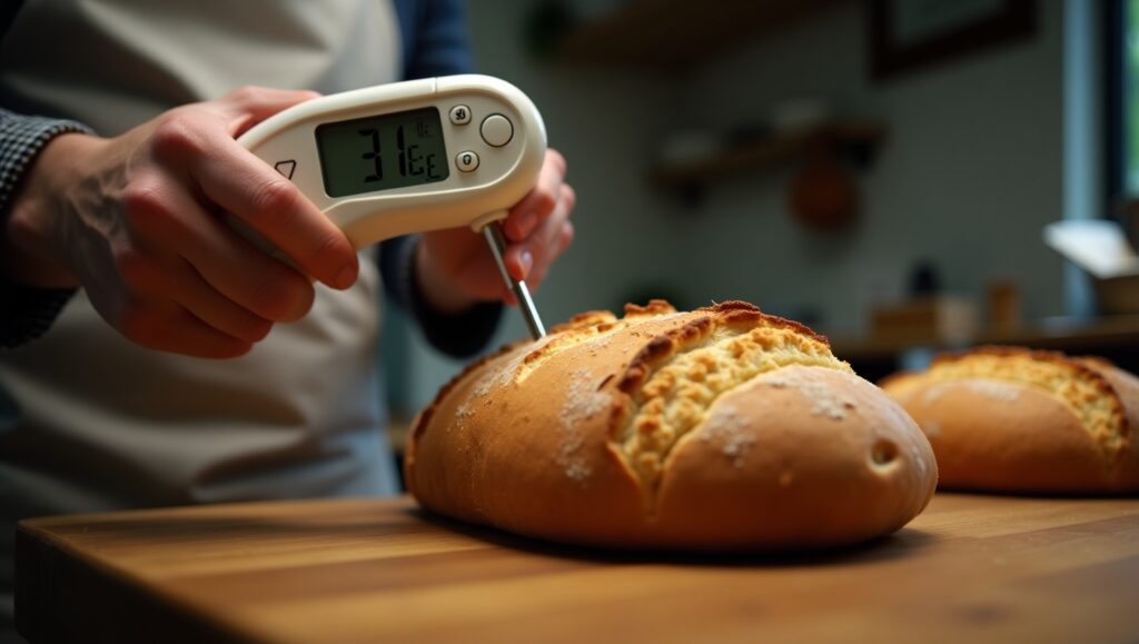 A baker’s hand using an instant-read thermometer to check the temperature of a freshly baked golden loaf.