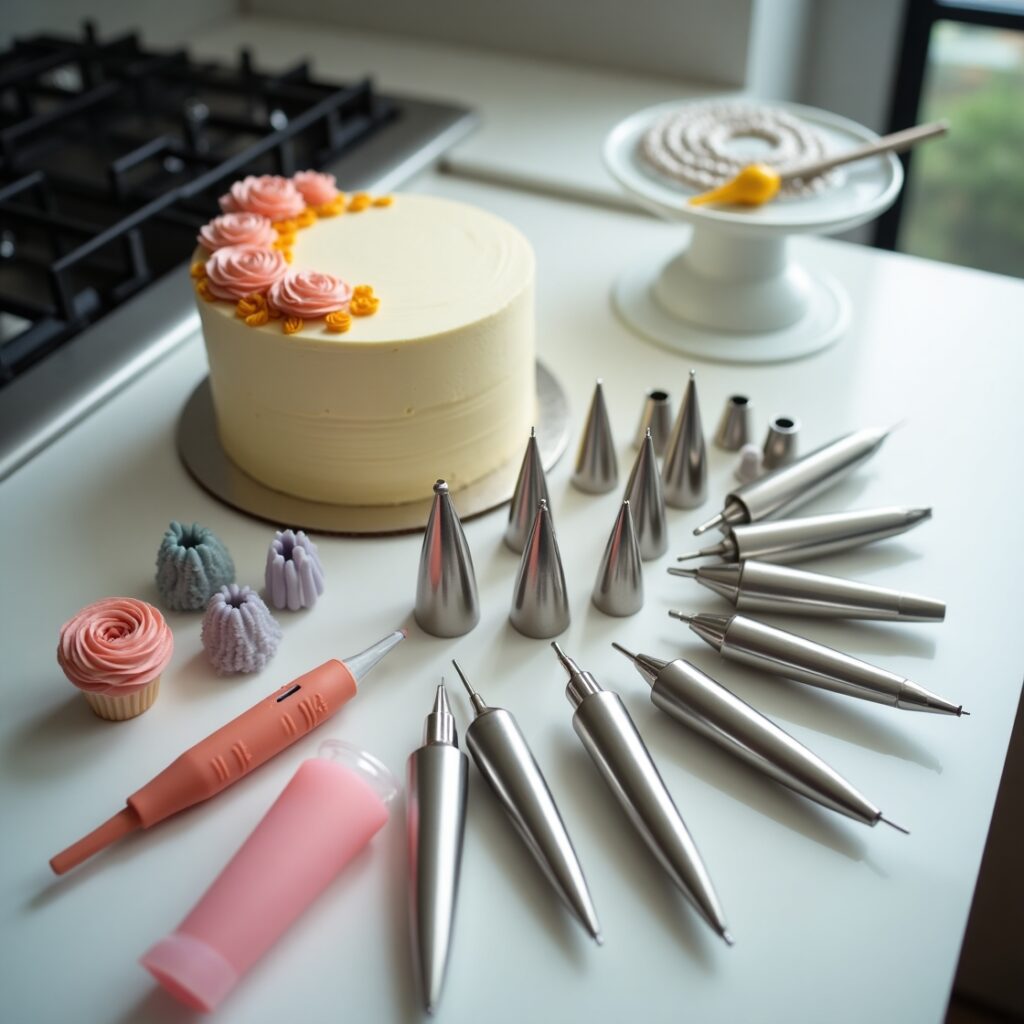A cake decorating kit with various tips, piping bags, and tools displayed next to a partially decorated cake.