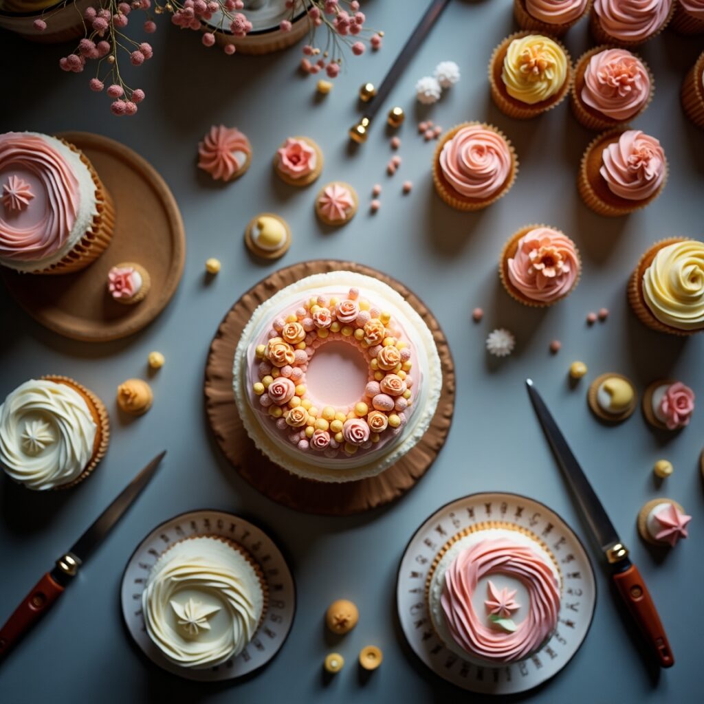 A cake decorating workspace with beginner, intermediate, and advanced kits displayed alongside a beautifully decorated cake.