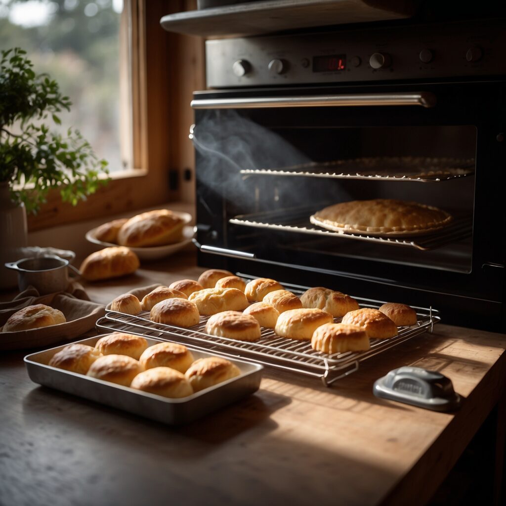 A cinematic close-up of essential baking tools—oven thermometer, digital scale, mixing bowls, and pastry brush—arranged under warm, ambient lighting on a rustic wooden countertop.