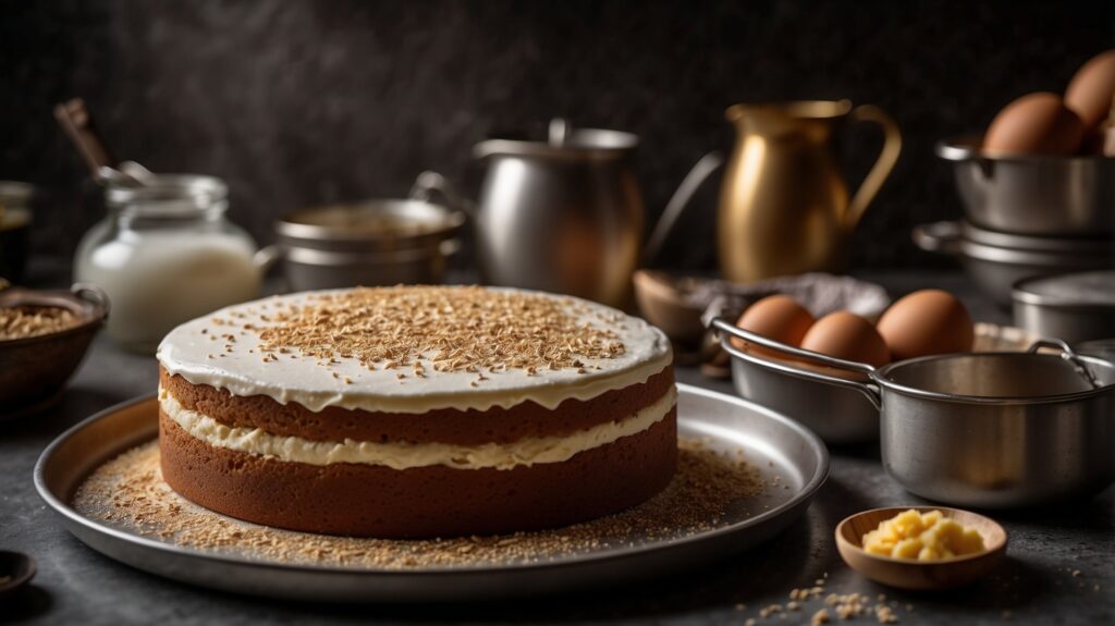 A cinematic kitchen scene featuring a selection of high-end cake pans with a freshly baked, golden cake in the foreground, capturing the essence of precision and quality for perfect baking results.
