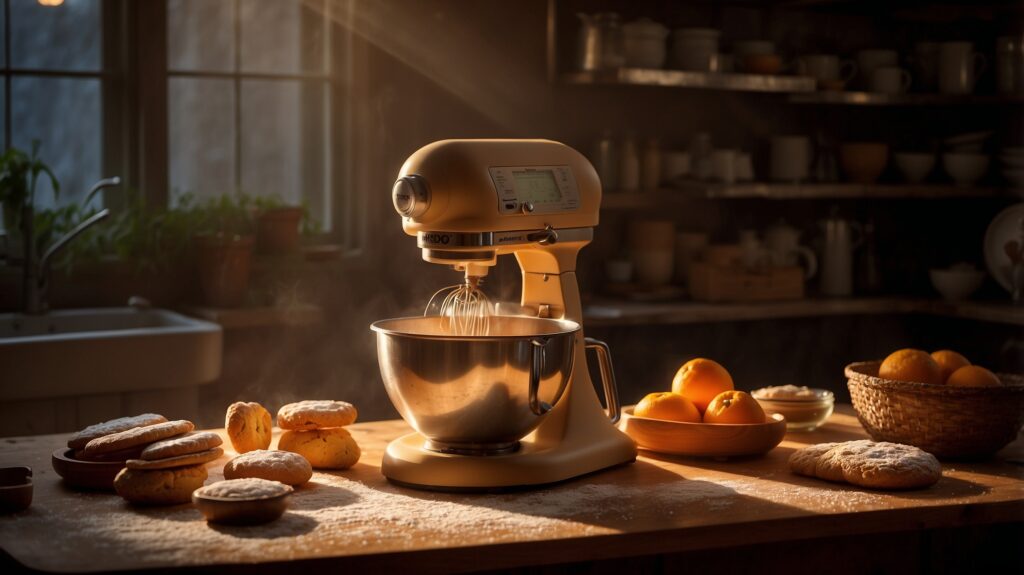 A cinematic shot of essential baking tools—stand mixer, digital scale, oven thermometer, and rolling pin—bathed in warm golden light, evoking a professional yet cozy baking atmosphere.