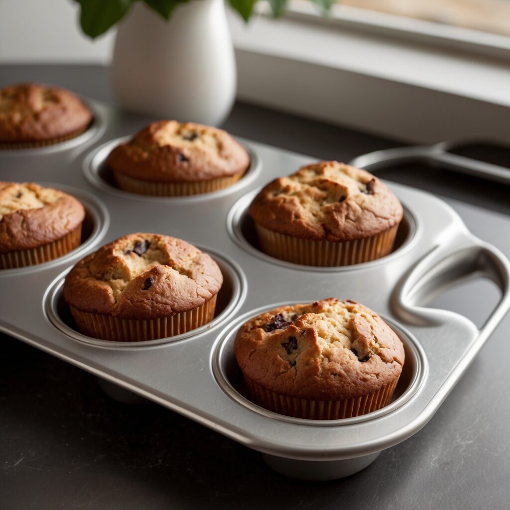 A close-up of a metal muffin tin with evenly baked muffins beside it, highlighting its durable design and non-stick coating.
