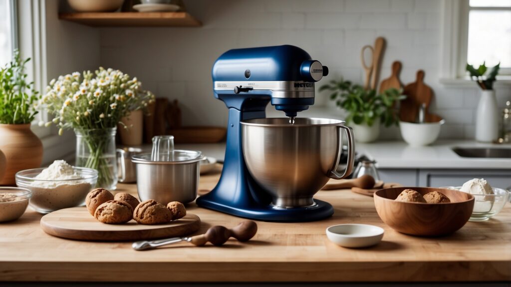 A collection of essential baking tools for beginners, including a stand mixer, measuring cups, mixing bowls, silicone mat, and baking pans, set up for an inviting and efficient baking experience.