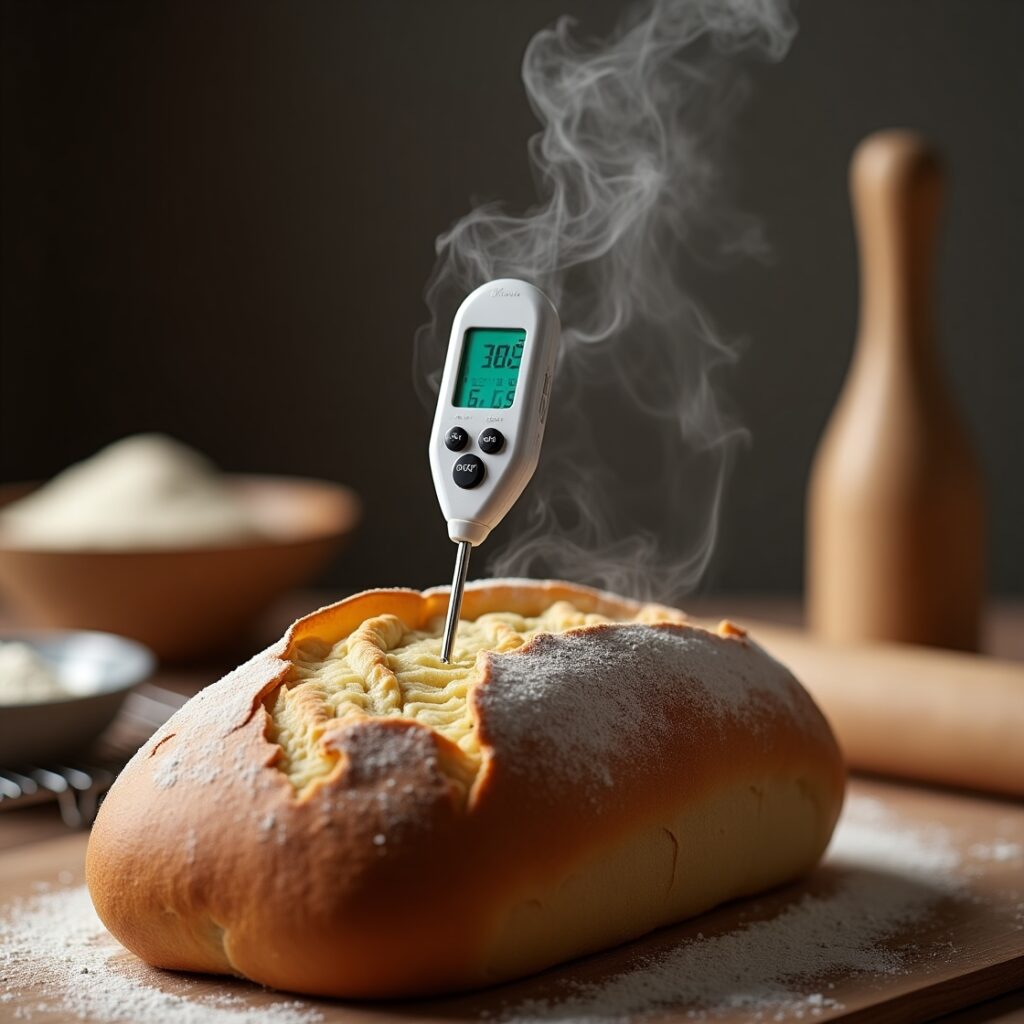 A digital baking thermometer measuring the temperature of a freshly baked loaf, with steam rising.