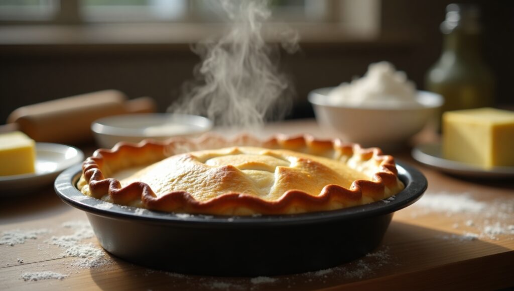 A freshly baked pie in a premium pie pan, showcasing a golden crust on a rustic wooden countertop.