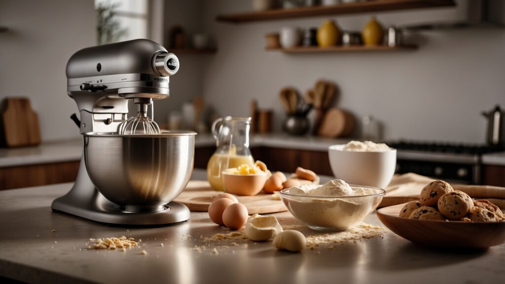 A hand mixer with multiple attachments, mixing cookie dough in a bowl, surrounded by ingredients like flour, butter, sugar, and eggs, set on a clean kitchen countertop.
