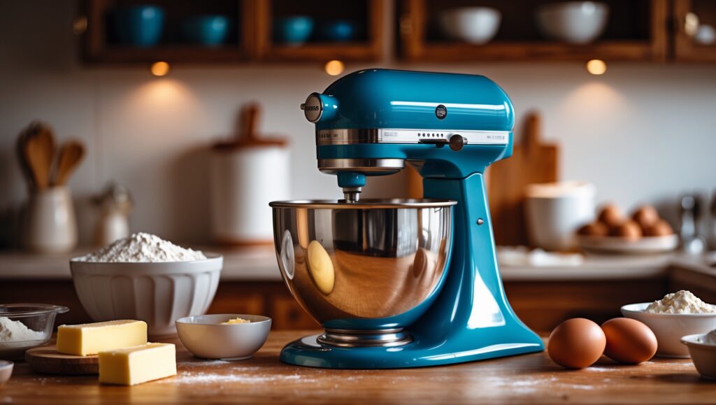 A modern stand mixer on a wooden countertop with baking ingredients.