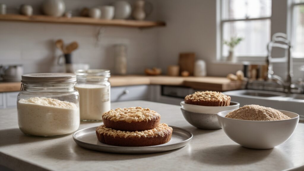 A professional kitchen setup featuring labeled jars of gluten-free baking mixes, a digital scale measuring ingredients, and a freshly baked gluten-free cake on a cooling rack.
