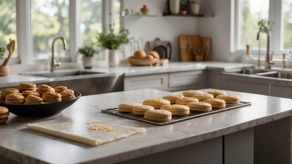 A professional kitchen showcasing silicone baking mats with perfectly baked cookies, macarons, and pastries. The mats offer even heat distribution and easy cleanup, highlighted by their non-stick surface