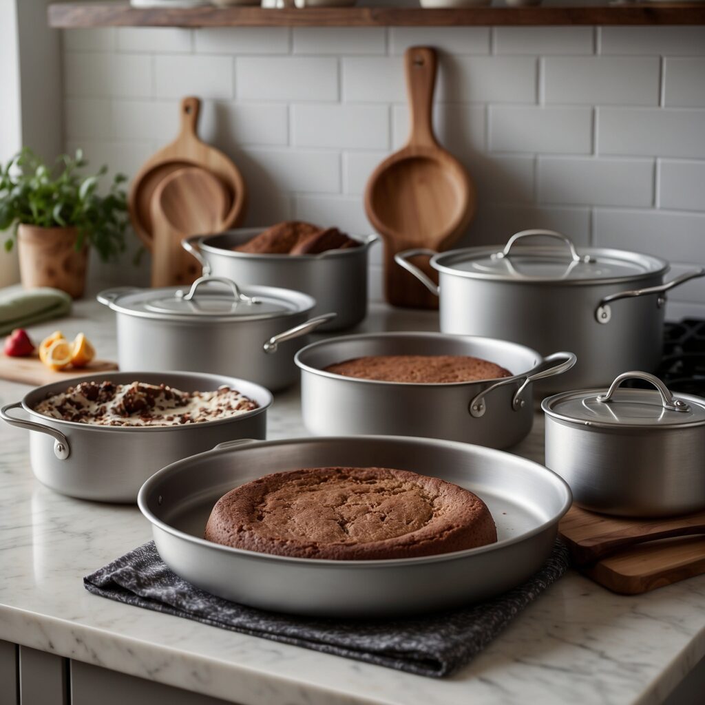 A professional kitchen with top-rated cake pans from USA Pan, Wilton, and Nordic Ware, showcasing various shapes and a freshly baked cake.
