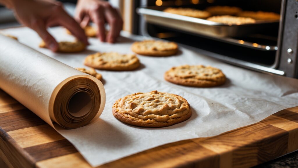 A roll of parchment paper with freshly baked cookies on a wooden countertop.