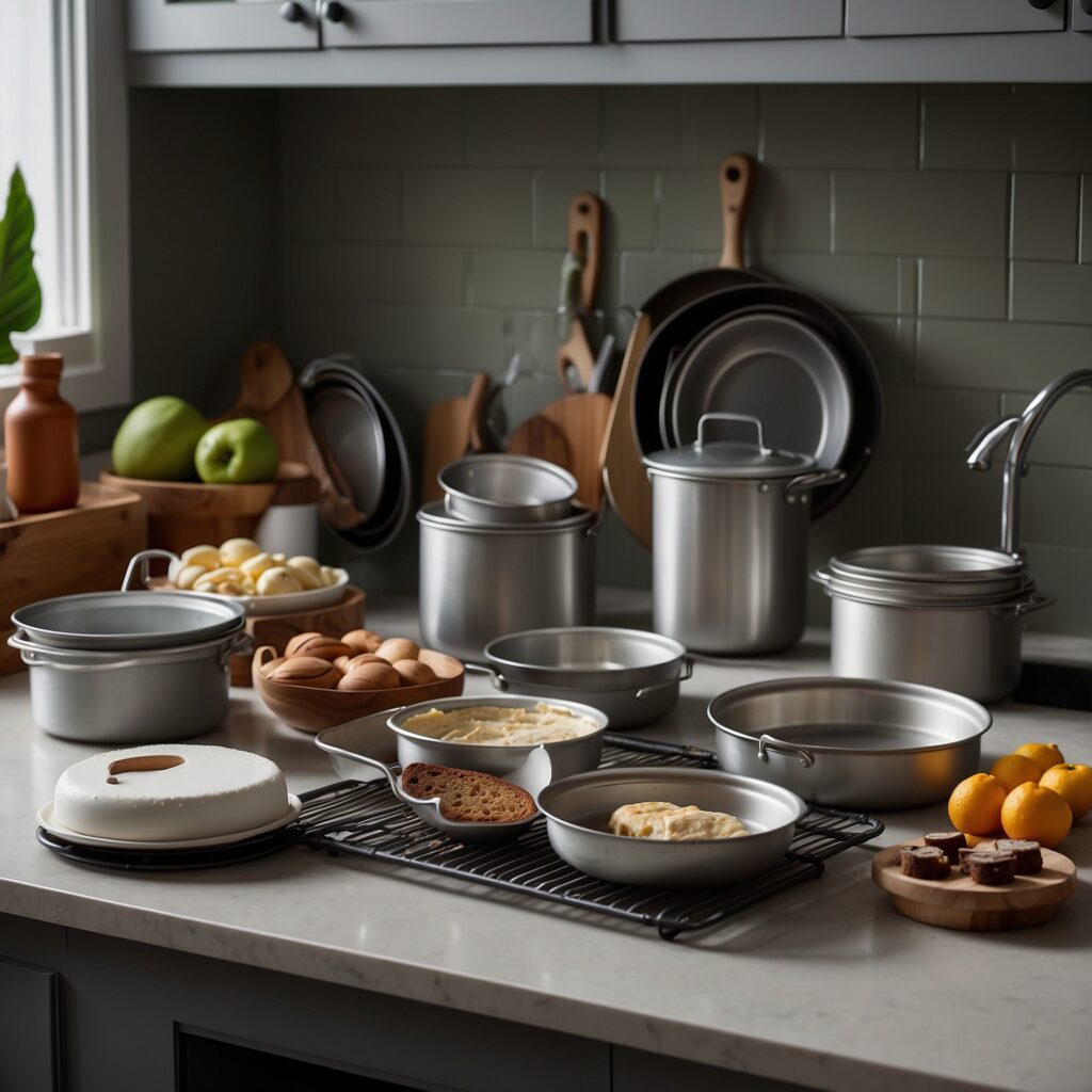 A selection of cake pans—aluminum, non-stick, silicone, and springform—on a kitchen counter with freshly baked cakes.