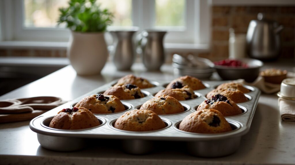 A selection of muffin tins (standard, mini, jumbo, and silicone) arranged in a kitchen, with perfectly baked muffins rising evenly in the standard non-stick tin, captured in a cinematic, warm-lit setting.