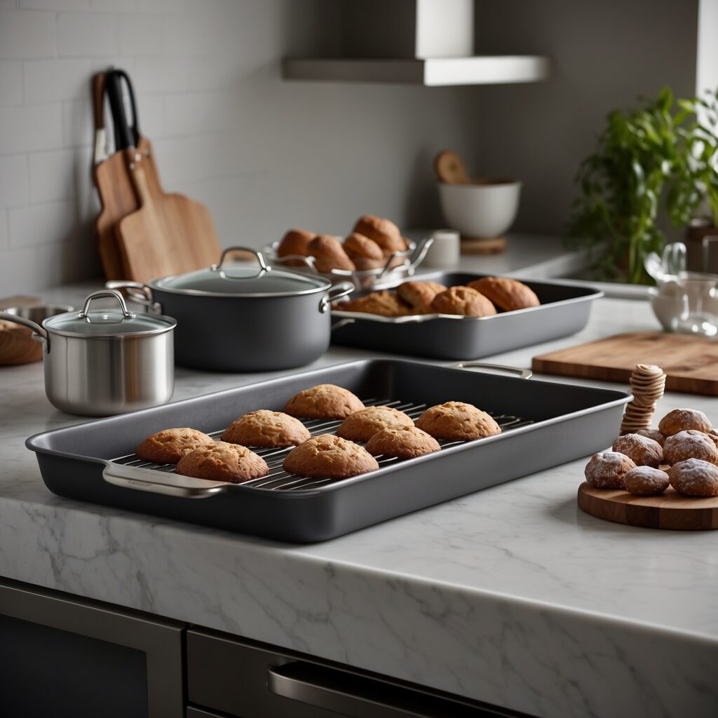 A selection of top-rated non-stick baking pans, including aluminum, silicone, and anodized aluminum, from brands like USA Pan, Calphalon, and Wilton, with freshly baked cakes and cookies, highlighting durability and profes