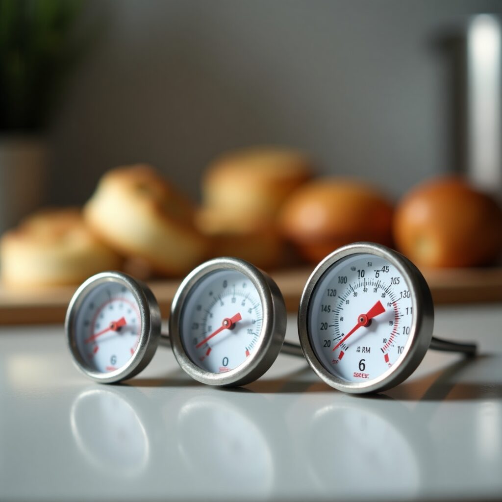 A selection of various baking thermometers on a kitchen counter with baked goods in the background.