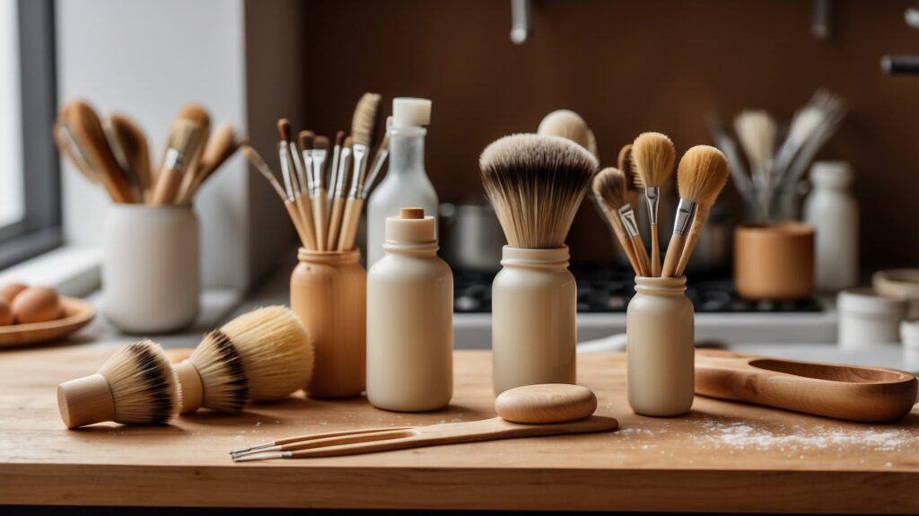 A set of five pastry brushes, including silicone, natural bristle, nylon bristle, small detail brush, and large spreading brush, placed on a wooden kitchen counter with ingredients like butter, egg wash, and glaze.