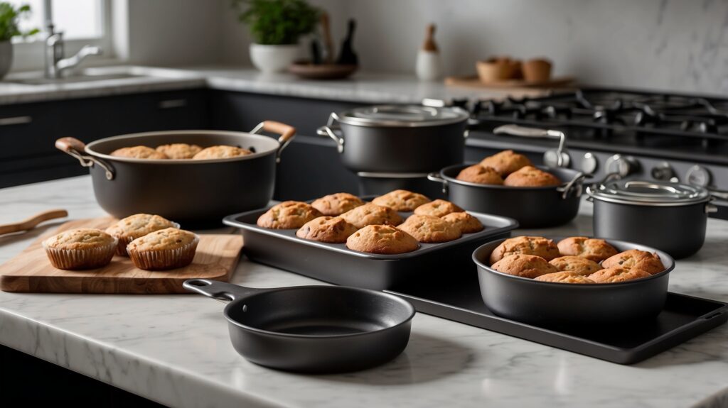 A set of premium non-stick baking pans of various sizes on a marble countertop in a professional kitchen, with freshly baked treats like muffins and cookies, highlighting their flawless results.