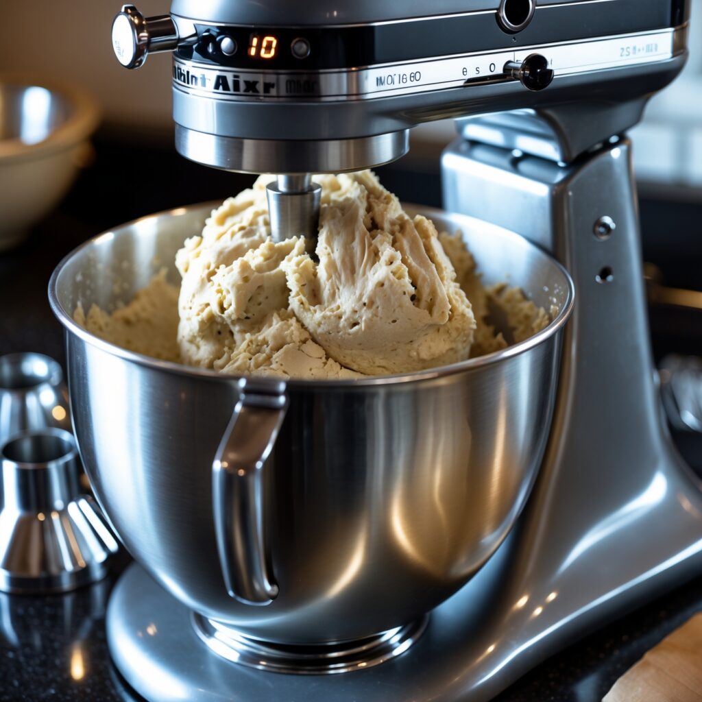 A stand mixer with a digital wattage display mixing thick dough in a large bowl.