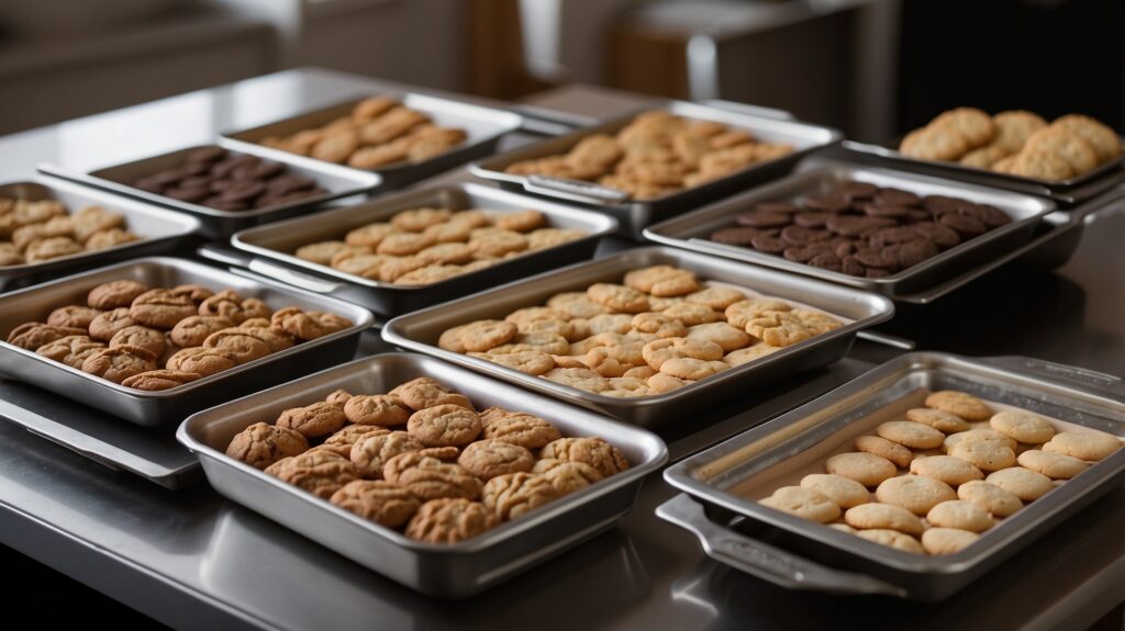 A variety of baking sheets—aluminum, stainless steel, and non-stick—on a kitchen counter, with golden-brown cookies baked on each sheet.