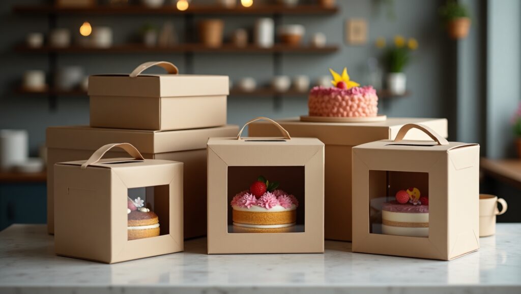 A variety of cake boxes, including windowed and sturdy handled designs, displayed on a bakery counter with decorated cakes inside.