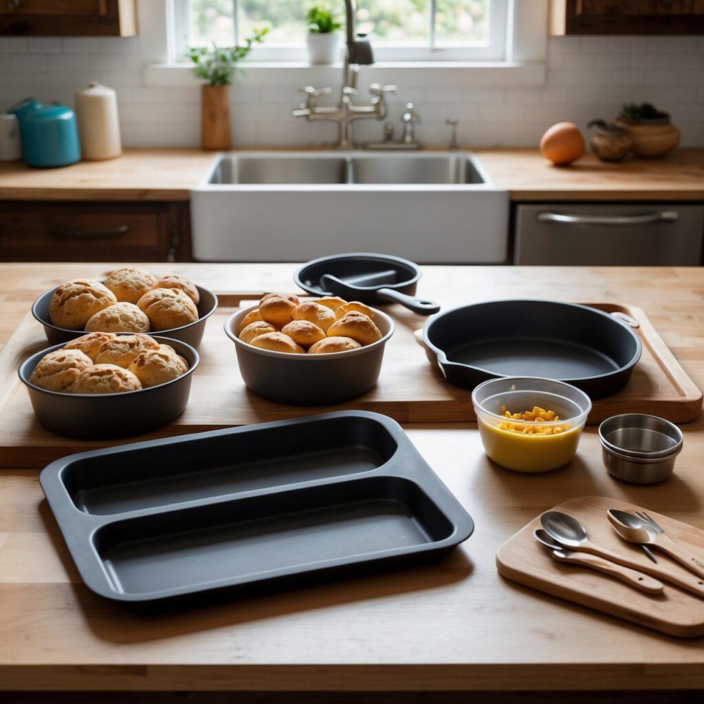 A variety of five baking sets for beginners, showcasing different materials and tools like silicone, stainless steel, and classic baking essentials.