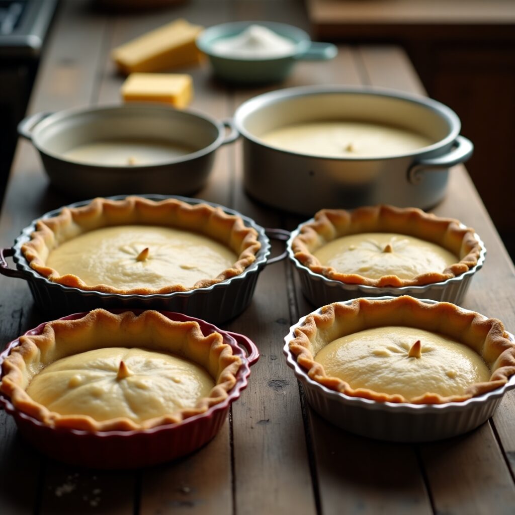 A variety of five premium pie pans, each holding a partially baked pie, displayed on a rustic countertop