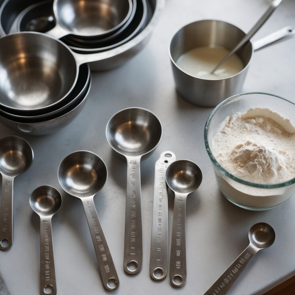 A variety of measuring spoons and cups arranged on a countertop, showcasing standard, adjustable, and nested designs.