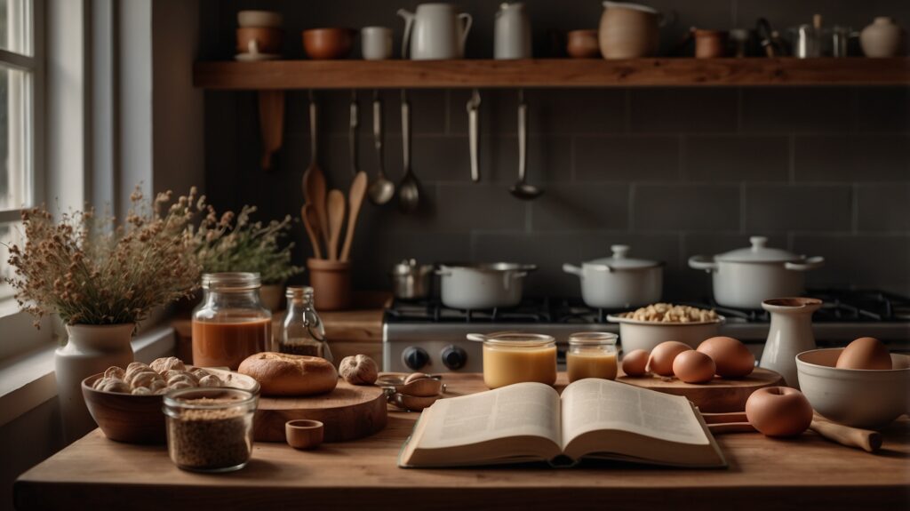 An open baking book with a blank cover on a wooden countertop, surrounded by baking tools and a freshly baked loaf, creating a warm and inviting kitchen scene.