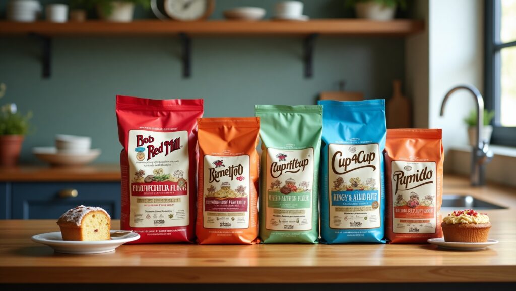 Assorted gluten-free flour bags arranged on a kitchen counter, with freshly baked gluten-free bread and cookies in the background, showcasing their use in baking