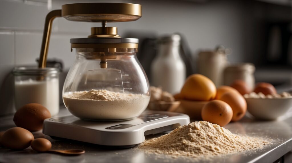 Close-up of a precision scale in a modern kitchen, showcasing its accuracy in baking.