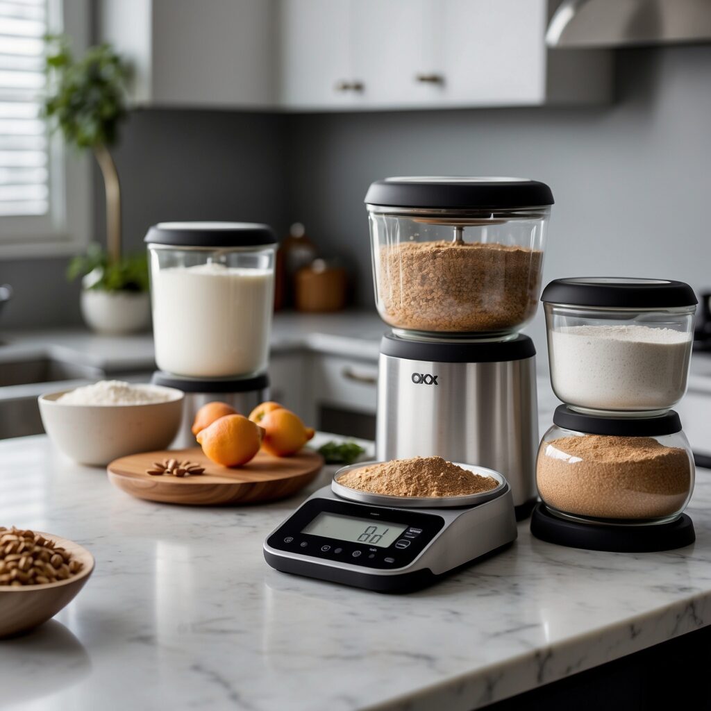 Close-up of top-rated precision scales on a kitchen counter with ingredients, emphasizing their role in enhancing baking accuracy and consistency.
