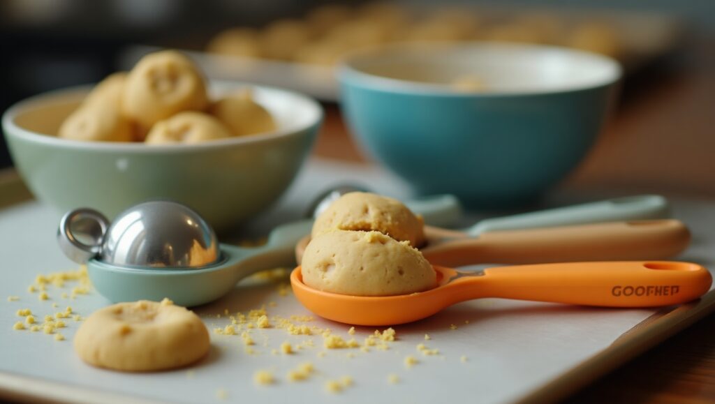 Different cookie scoops, including OXO Good Grips and Spring Chef, in use, portioning dough onto a baking sheet with freshly baked cookies in the background.
