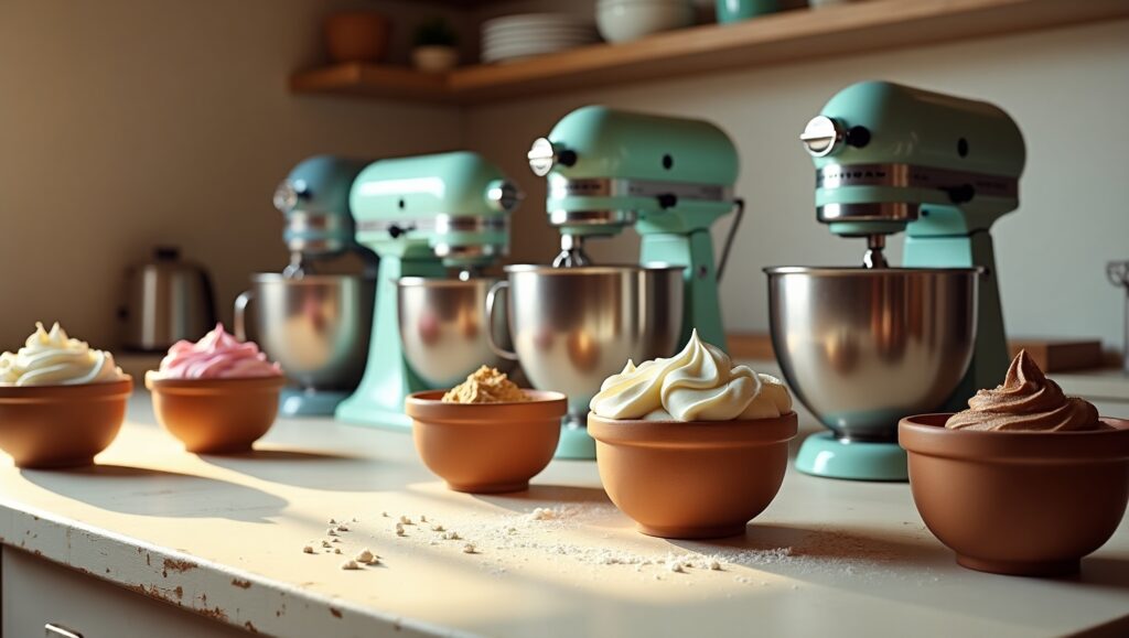Different types of baking mixers on a kitchen countertop with bowls of batter and dough.