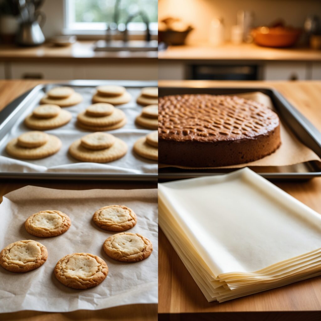 Different types of parchment paper—silicone-coated, unbleached, and pre-cut—displayed on a kitchen countertop with baked goods.