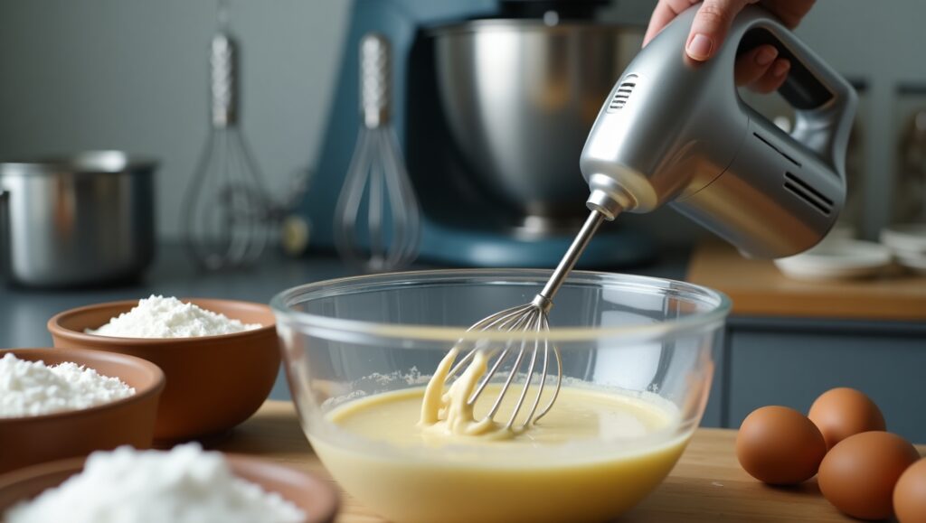 Electric hand whisk blending batter on a kitchen counter with ingredients like flour, sugar, and eggs, and a stand mixer with attachments in the background.