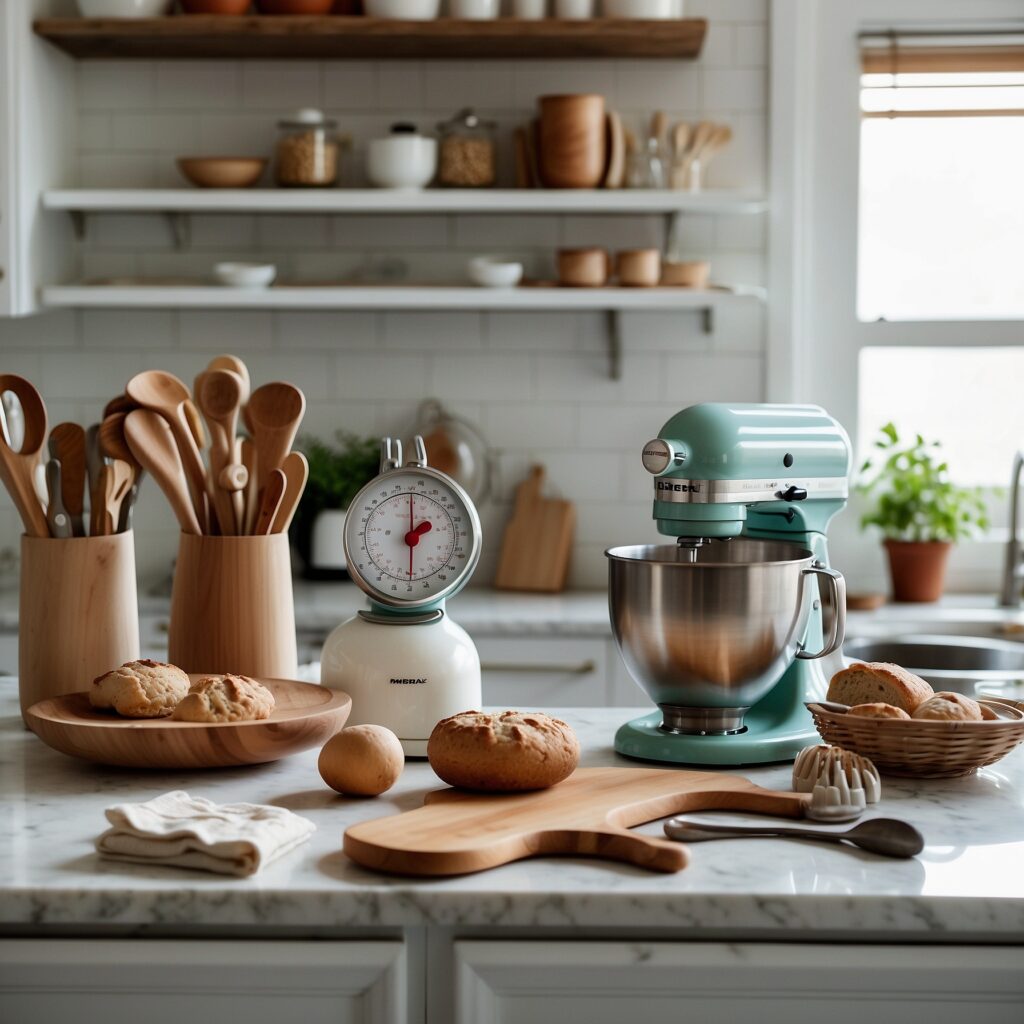 Essential baking tools for beginners stand mixer, rolling pin, digital scale, cooling rack, pastry brushes, and timer