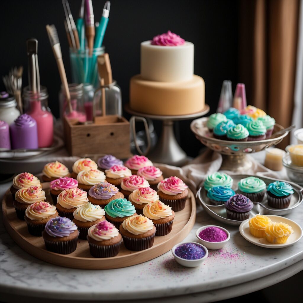 Essential cupcake decorating tools, including piping tips, offset spatulas, food coloring gels, edible glitter, and cupcake liners, arranged for professional decoration.
