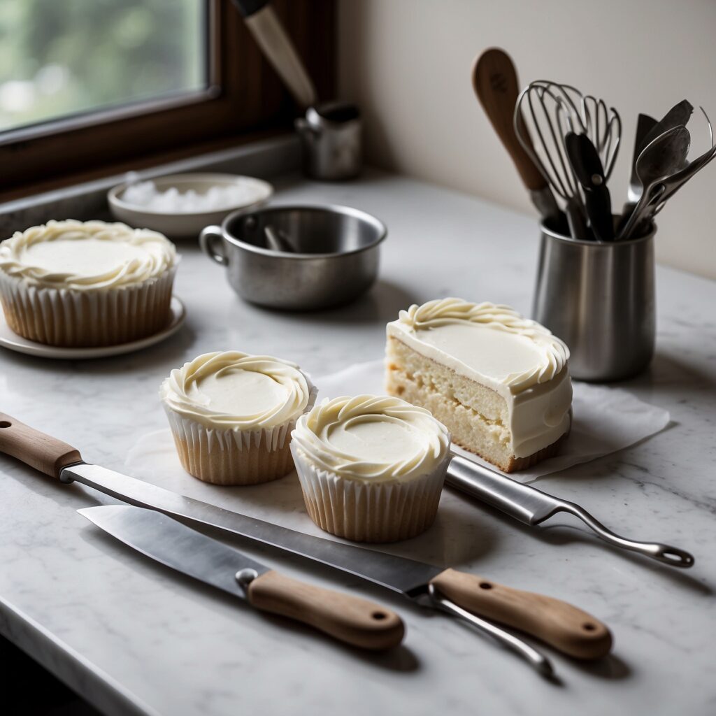 Essential frosting tools including piping bags, an offset spatula, and a bench scraper, placed neatly on a surface with a frosted cake in the background.