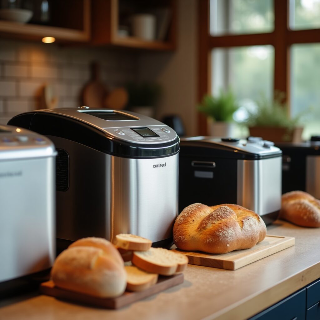 Five premium bread machines with freshly baked loaves, featuring different unique features like digital screens and kneading blades, placed on a kitchen countertop with warm lighting.