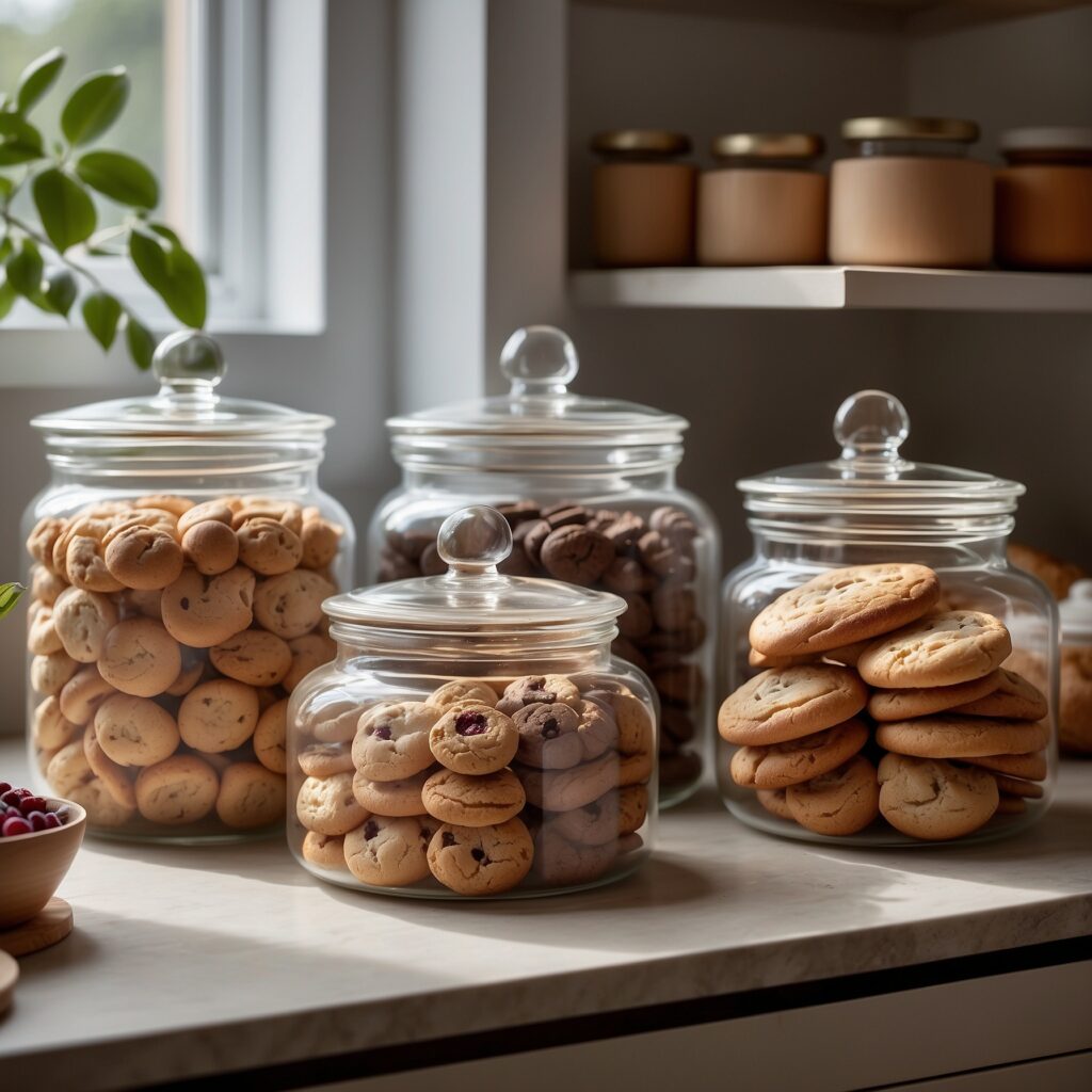 Five storage containers for baked goods—airtight plastic container with cookies, glass jar with candies, cake dome with cake, wooden bread box with bread, and silicone mat with cookies—arranged on a kitchen shelf.