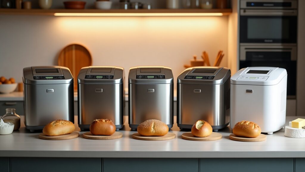 Five top-rated bread machines with freshly baked loaves, arranged on a kitchen countertop with baking ingredients in the background.