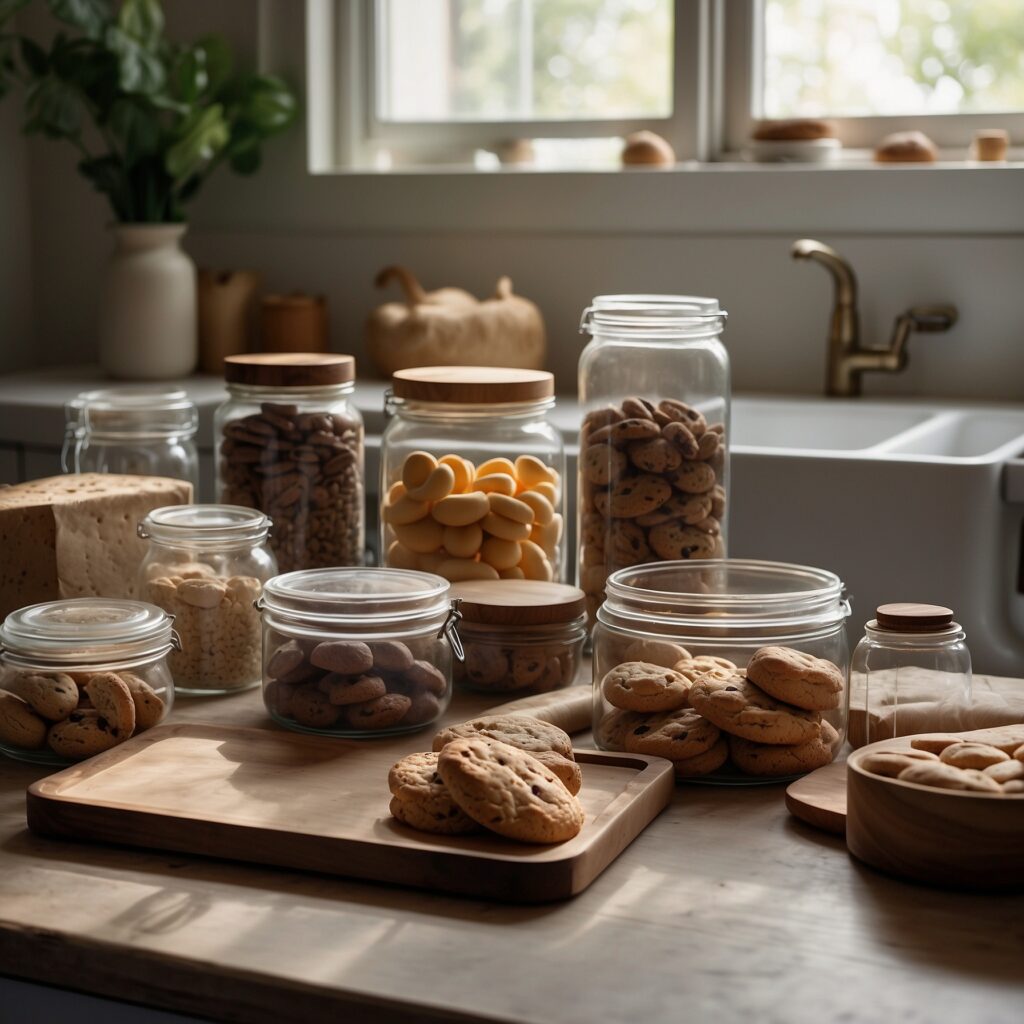 Five types of storage containers—airtight plastic container with cookies, glass jar with candies, cake dome with cake, wooden bread box with bread, and silicone mat with cookies—arranged on a kitchen counter