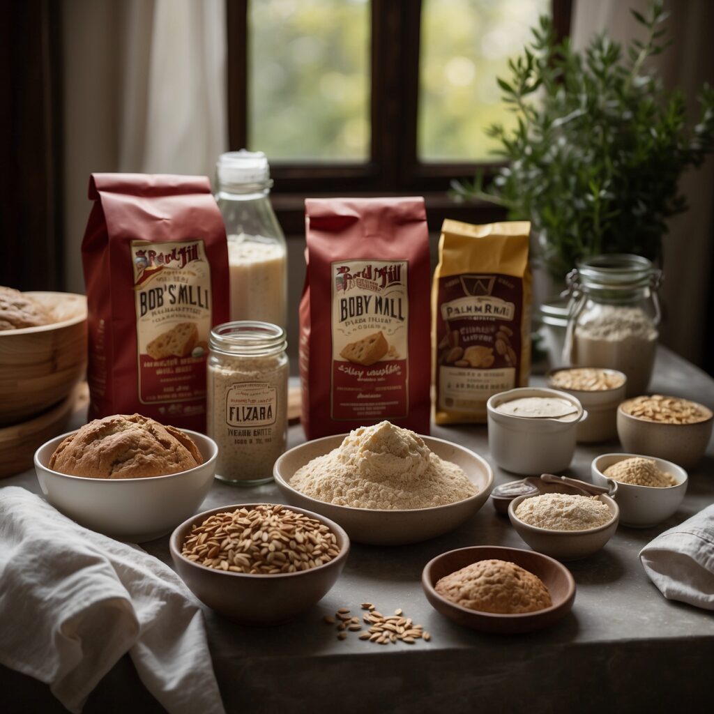 Four different gluten-free flour bags placed around freshly baked gluten-free muffins or bread, showcasing their use in baking.