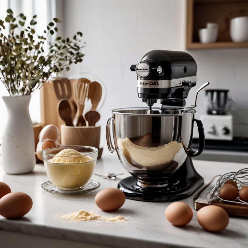Hand and stand electric whisks in a kitchen, one mixing eggs in a bowl, while the other sits idle with whisk attachments and baking ingredients.