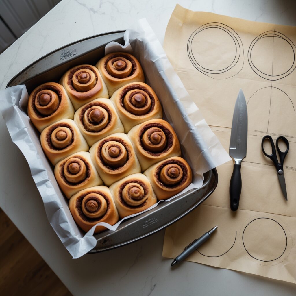 Parchment-lined cinnamon rolls and macaron template sheet on a kitchen countertop, highlighting its baking versatility.