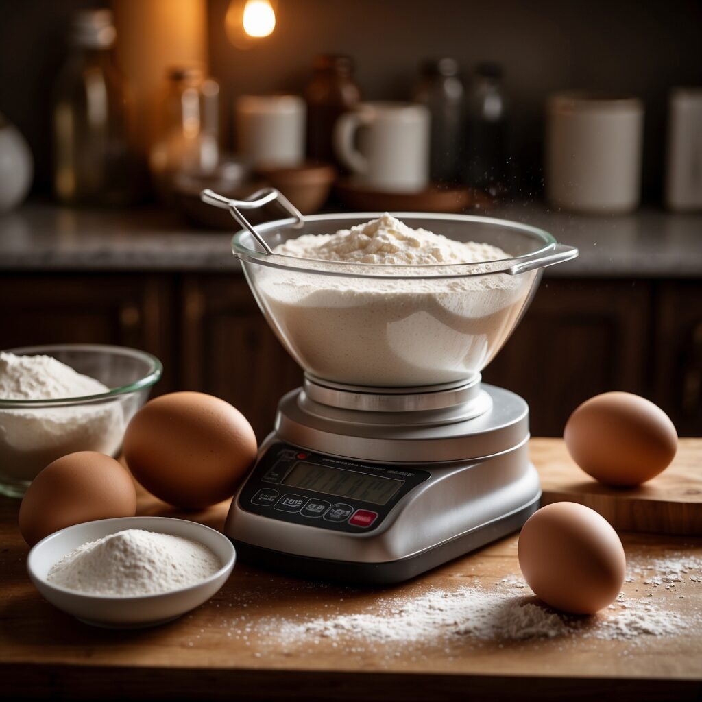 Precision scale on a kitchen counter with ingredients, highlighting its role in accurate baking measurements.